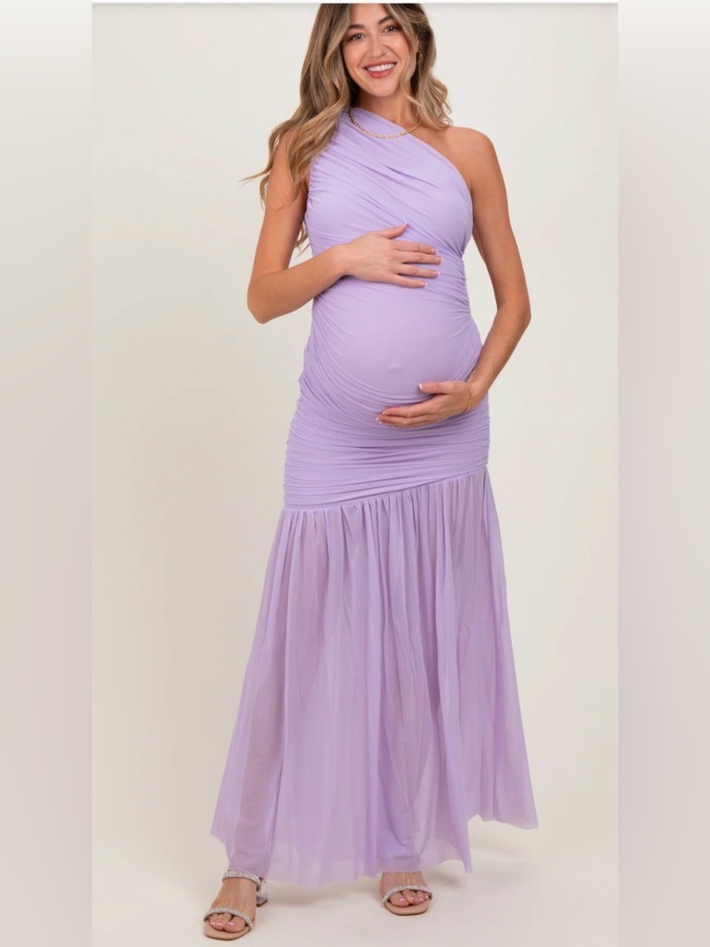 Cameo Lavender Ruched Mesh One Shoulder Maternity Maxi Dress